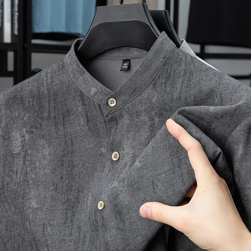 Men's loose fit linen blend shirt with stand collar in neutral colours