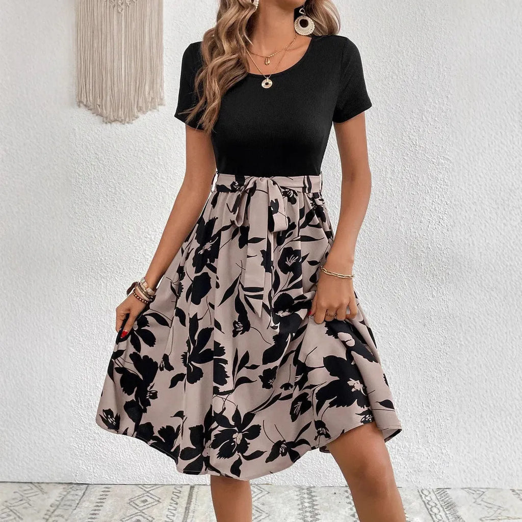 Women's khaki A-line dress with plant pattern printing and lace-up shoulder detail