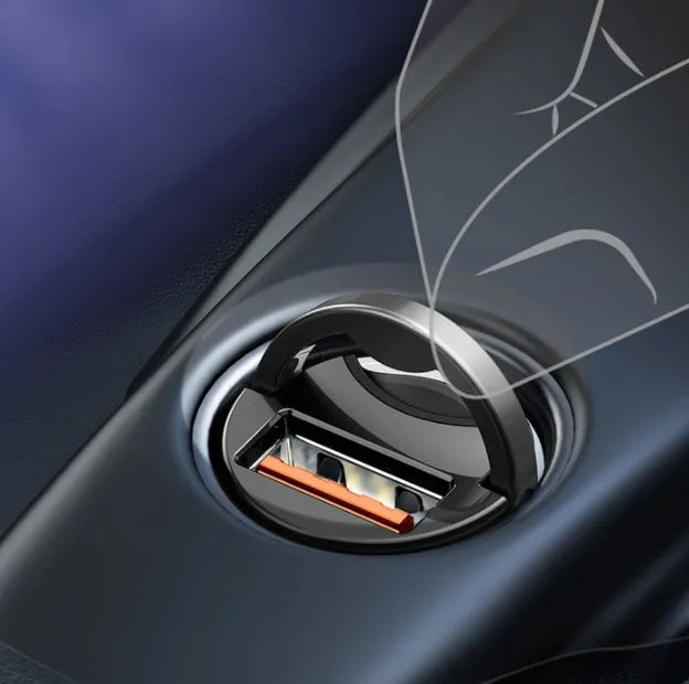Baseus electro-optical grey 30W PPS car charger with 1 metre attached cable plugged into vehicle lighter socket