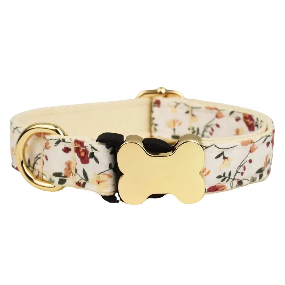 Flat fabric dog collar with printed grid pattern and bone-shaped buckle in multiple colour options