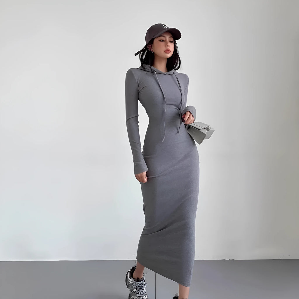 Women's grey hooded long sleeve sheath dress with a high waist and knee-length skirt.