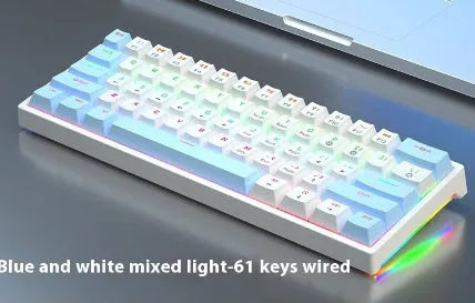 Blue and white 61-key mechanical keyboard with compact layout and hot-swappable switches
