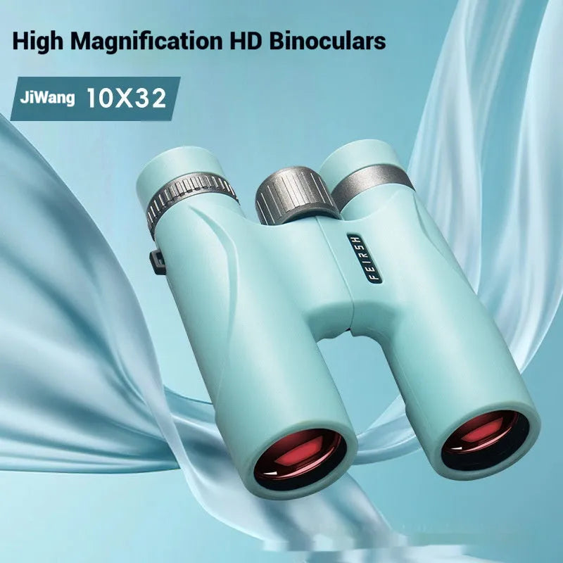 Compact blue or grey 10x32 binoculars with wine red film lenses on a plain background.