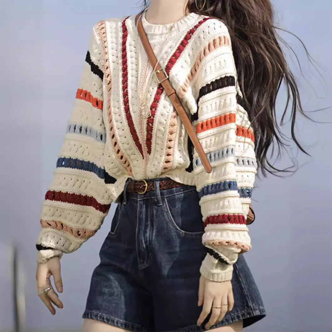 Rainbow striped hollow pattern sweater with batwing sleeves in loose Japanese Korean casual style