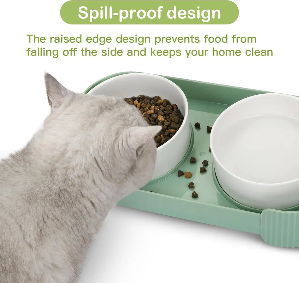 Ceramic elevated cat bowls set with green bowls on tilted stand