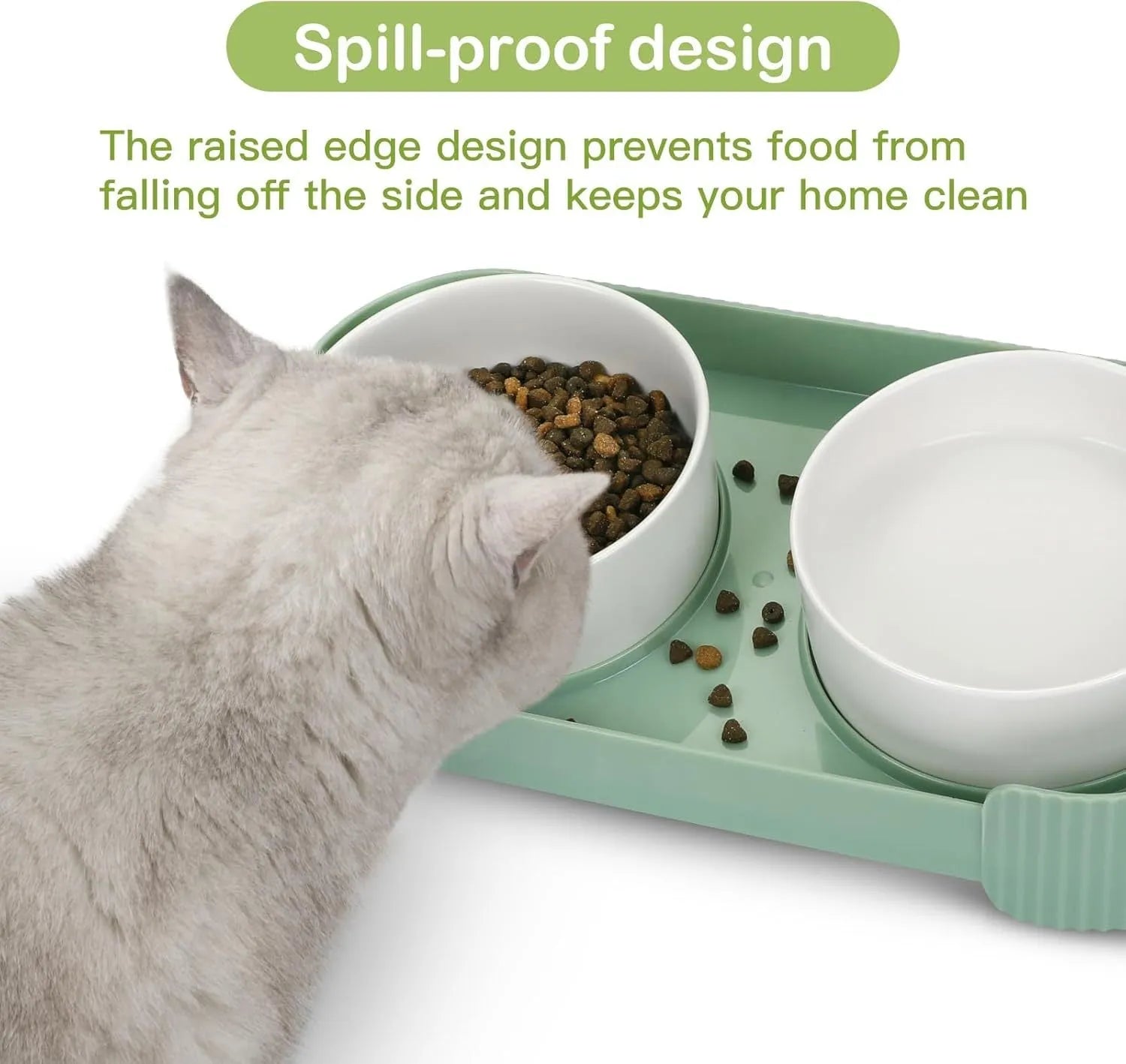 Ceramic elevated cat bowls set with green bowls on tilted stand