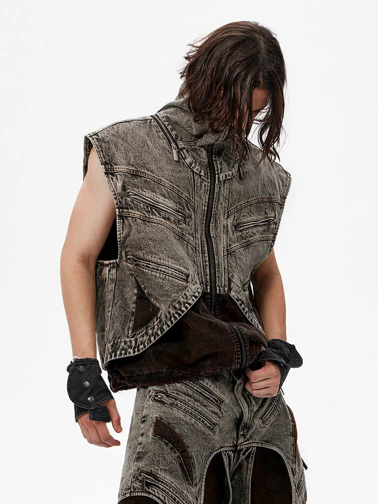 Men's blue denim vest with front zipper and sleeveless design on hanger