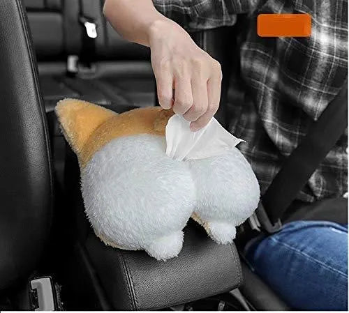 Yellow soft plush corgi butt shaped tissue box cover with elastic straps for car visor.