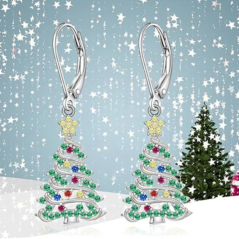 Women's Christmas tree earrings with star pendant in white gold colour