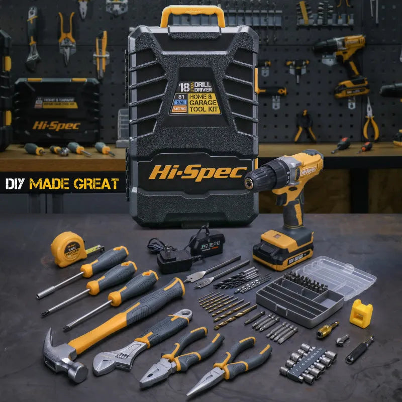 Grey-yellow case open to show 82-piece chrome-vanadium steel tool set for home repair.