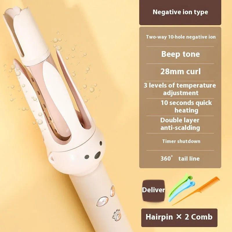 Beige automatic hair curler with negative ion technology and lazy curling function