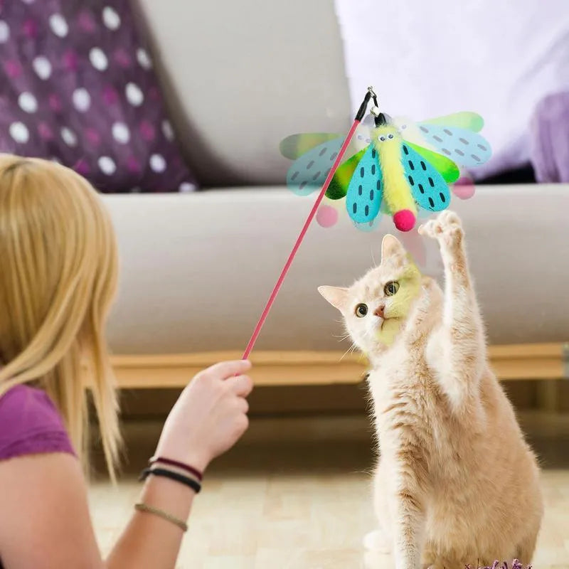 Blue cat wand toy with dragonfly attachment and bell on 49cm stick for interactive indoor play