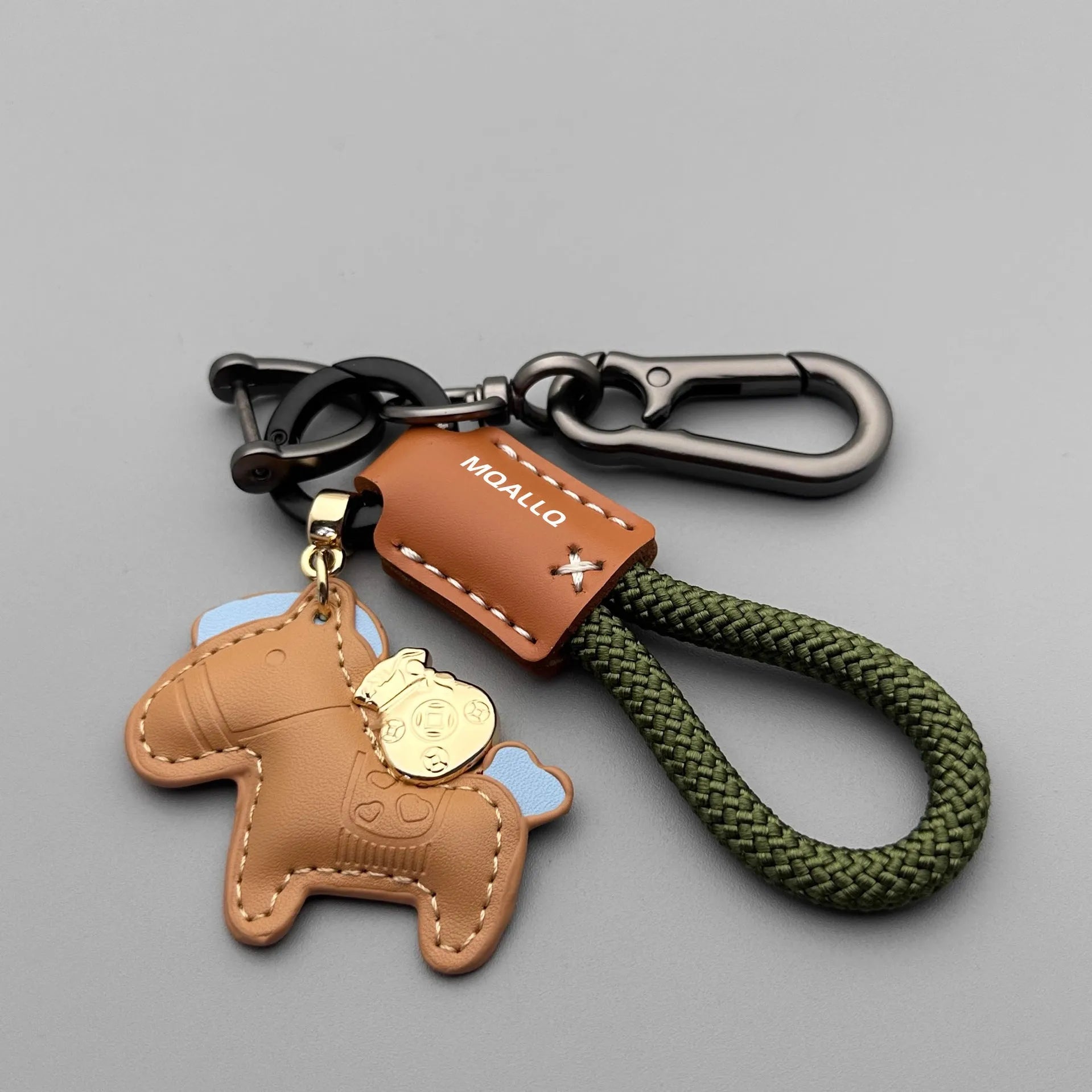 Cowhide car key ring pendant with zinc alloy pony belt buckle on flanelle rope in various colour options
