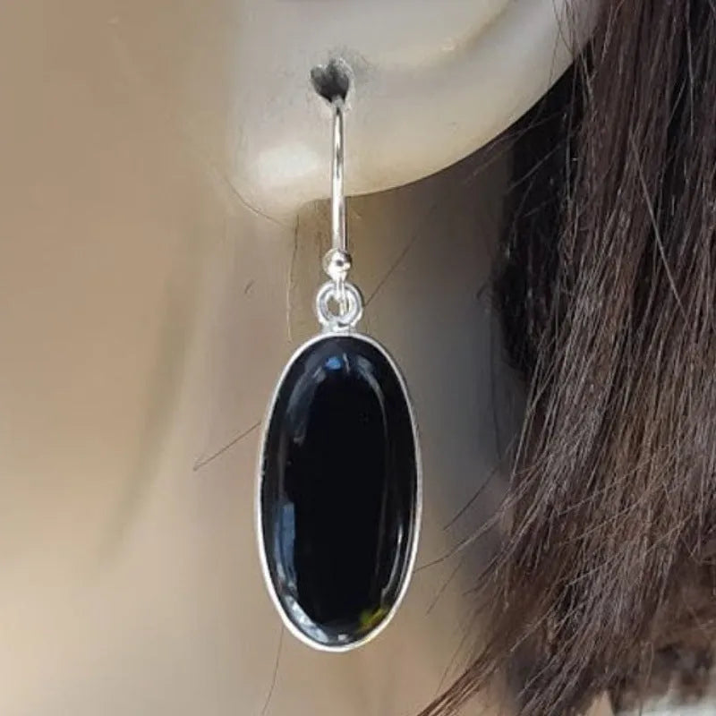 Women's geometric earrings with oval black agate pendants and Chinese style design on silver electroplated alloy