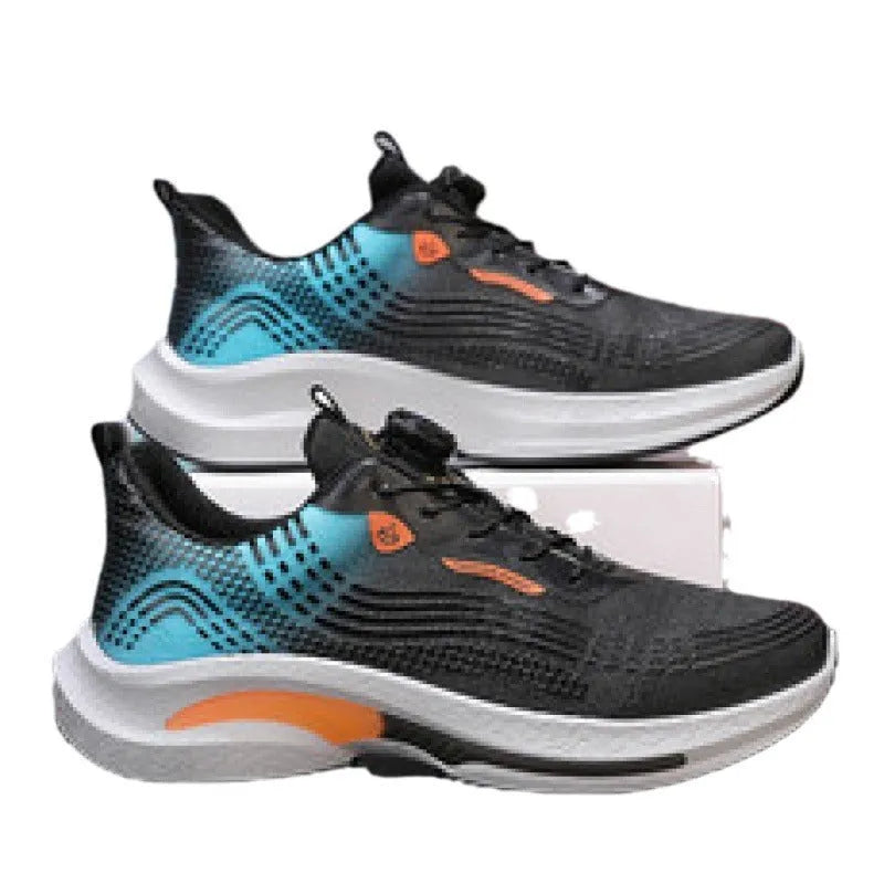Men's white and blue mesh sneaker with rotating buckle and rubber sole on a plain background.