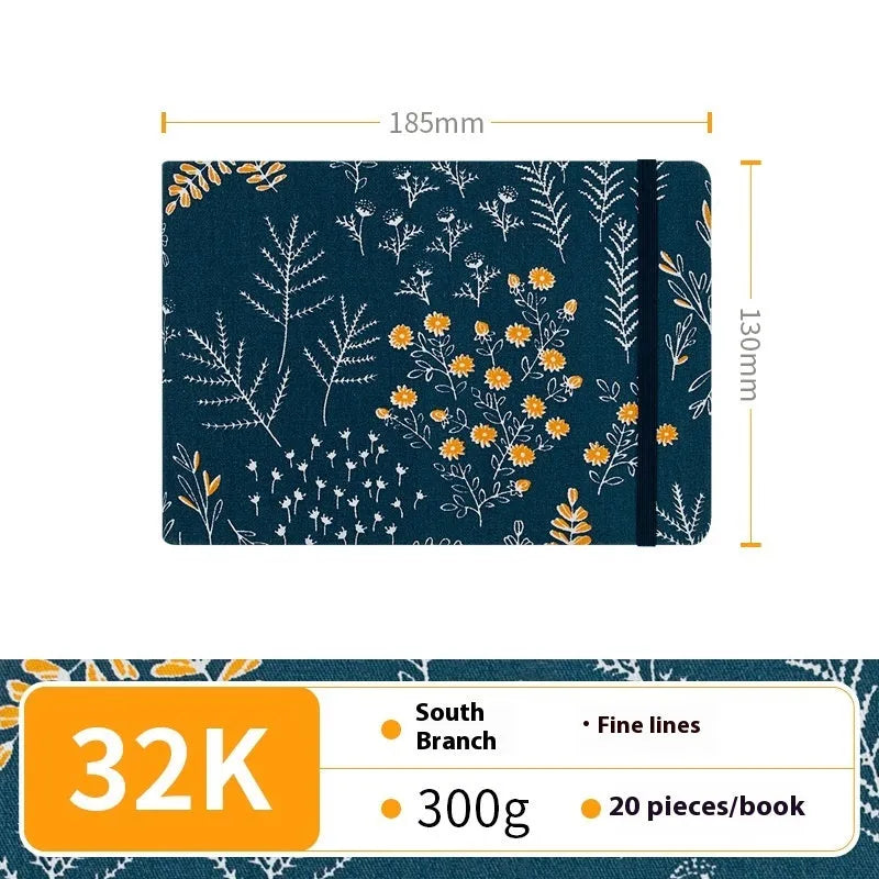 Feiluniao handmade fabric watercolour sketchbook with decorative cover, shown at 185mm length.