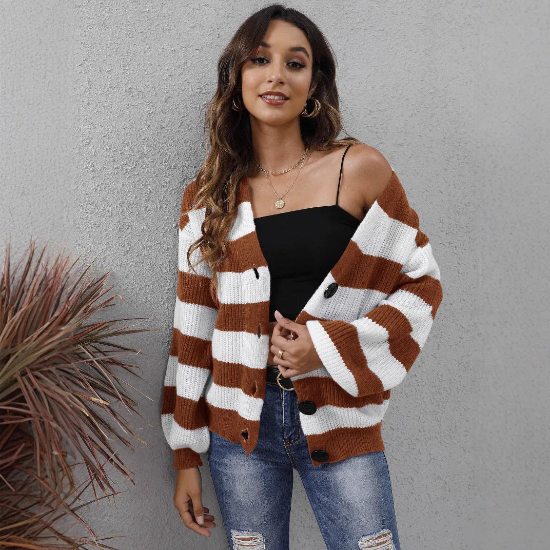 Women's striped deer plush fabric cardigan sweater in blue colour with button front