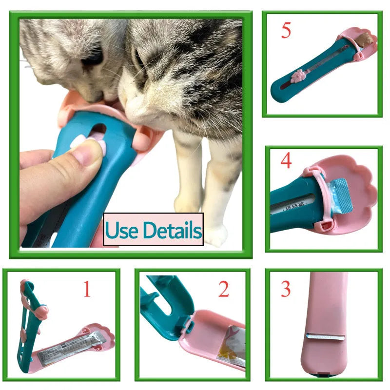 Pet food scoop dispenser with long silicone tubing and a set of five coloured nozzle heads on a green background.