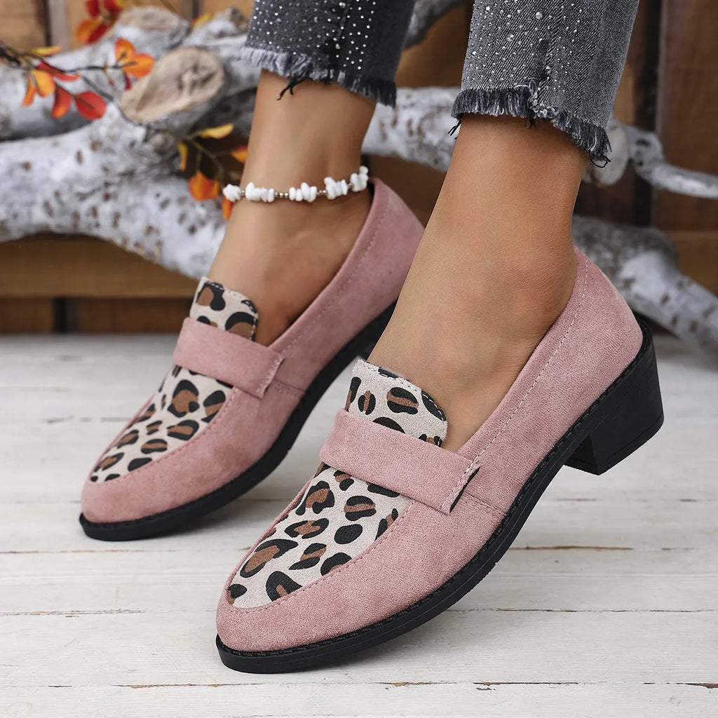 Leopard print suede casual pumps with chunky heel and pointed toe in three colour options