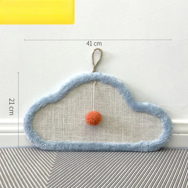 White wall mounted cat scratching mat with sleeping cat pattern design in natural sisal material