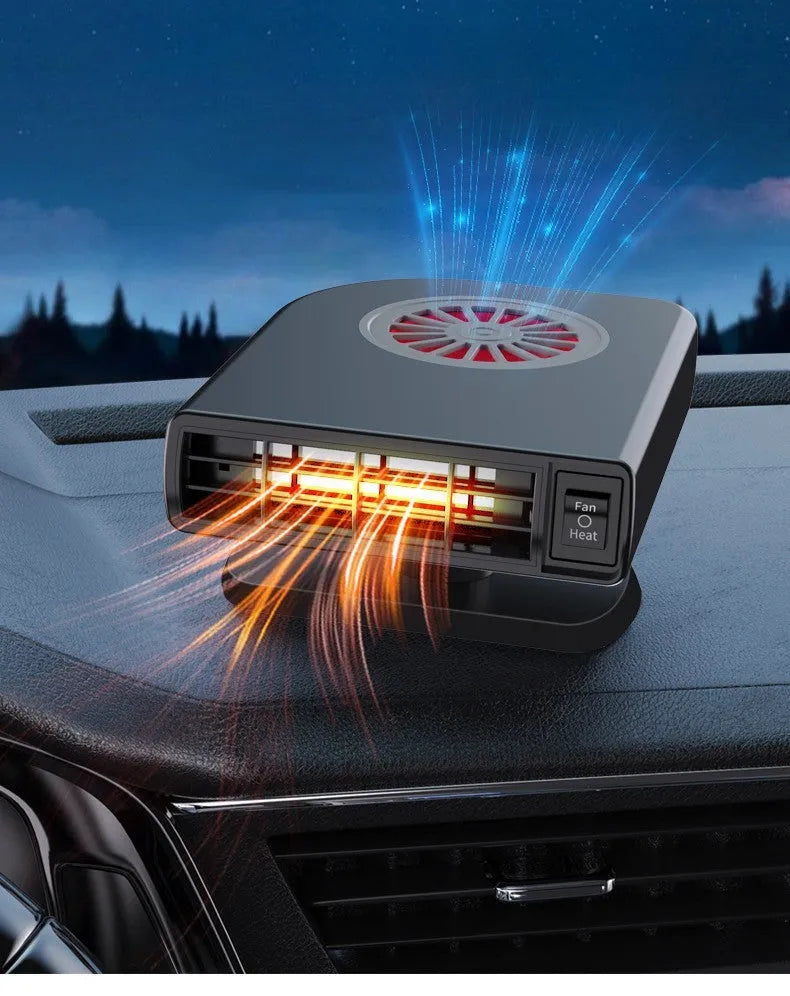Black vehicle-mounted heater on car dashboard with adjustable vents for defrosting and defogging.