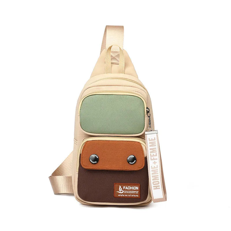 Nylon crossbody shoulder bag for outdoor leisure in black, beige, or light brown contrast colours