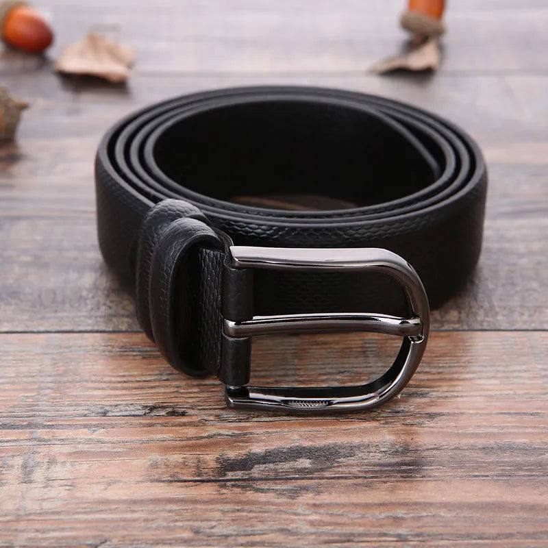 Men's black business belt with alloy pin buckle on imitation leather strap