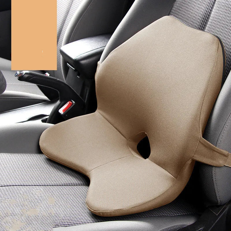 Memory foam car waist support cushion in beige colour, shown alongside optional matching headrest.