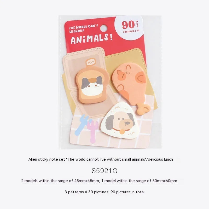 Animal-shaped sticky note set with 90 pages showing six different animal-themed designs