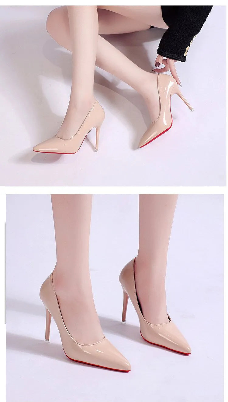 Women's black stiletto heel pointed toe pumps with a shallow mouth on a white background.