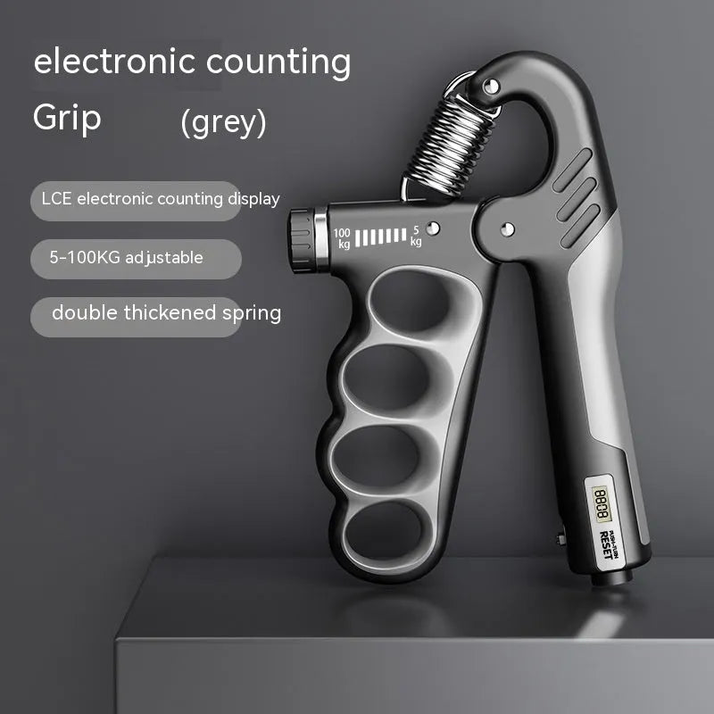 Adjustable electronic counter spring grip hand strengthener in grey, orange, or red.