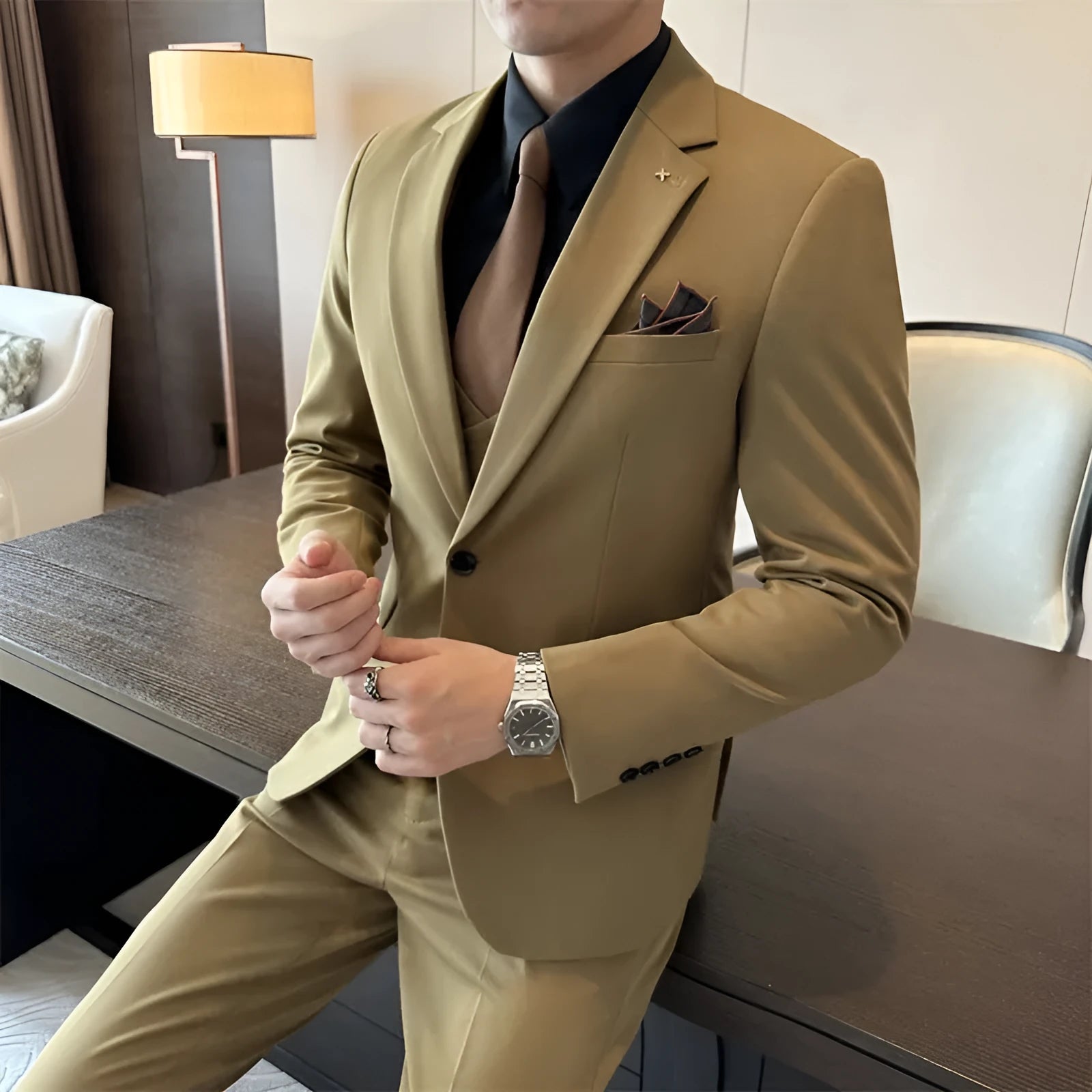 Men's slim fit business jacket in dark green, brown, or camel colour with adhesive interlining construction.