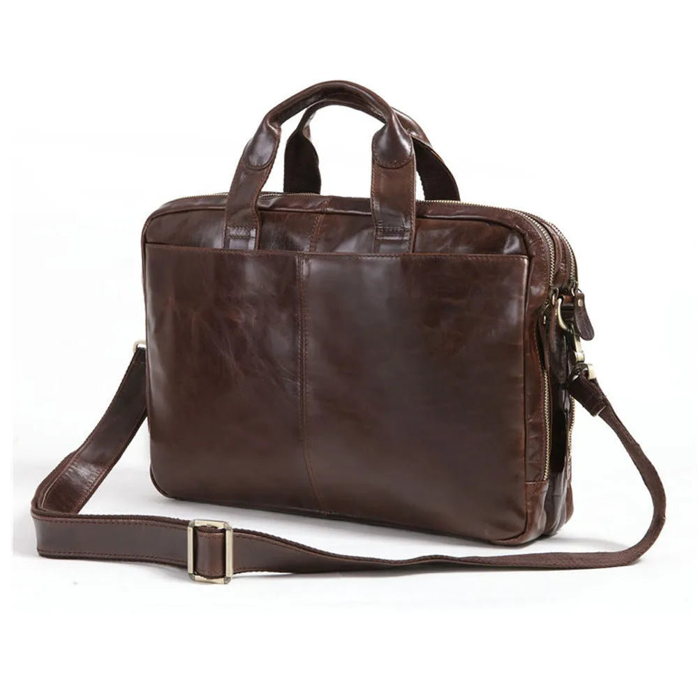 Brown leather men's business briefcase with 18-inch size and visible grain pattern