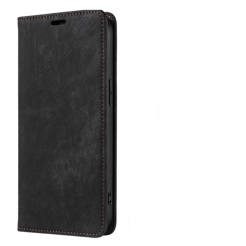 Magnetic flip leather phone case for iPhone in grey, lake green, and pink colours.