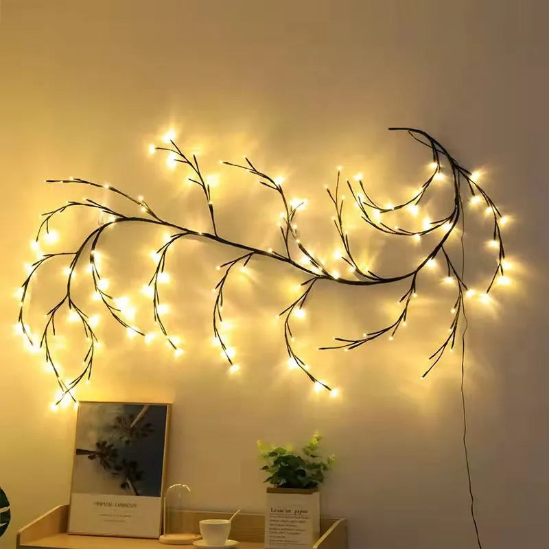 Flexible DIY willow vine LED light garland with birch bark texture and 144 warm white lights
