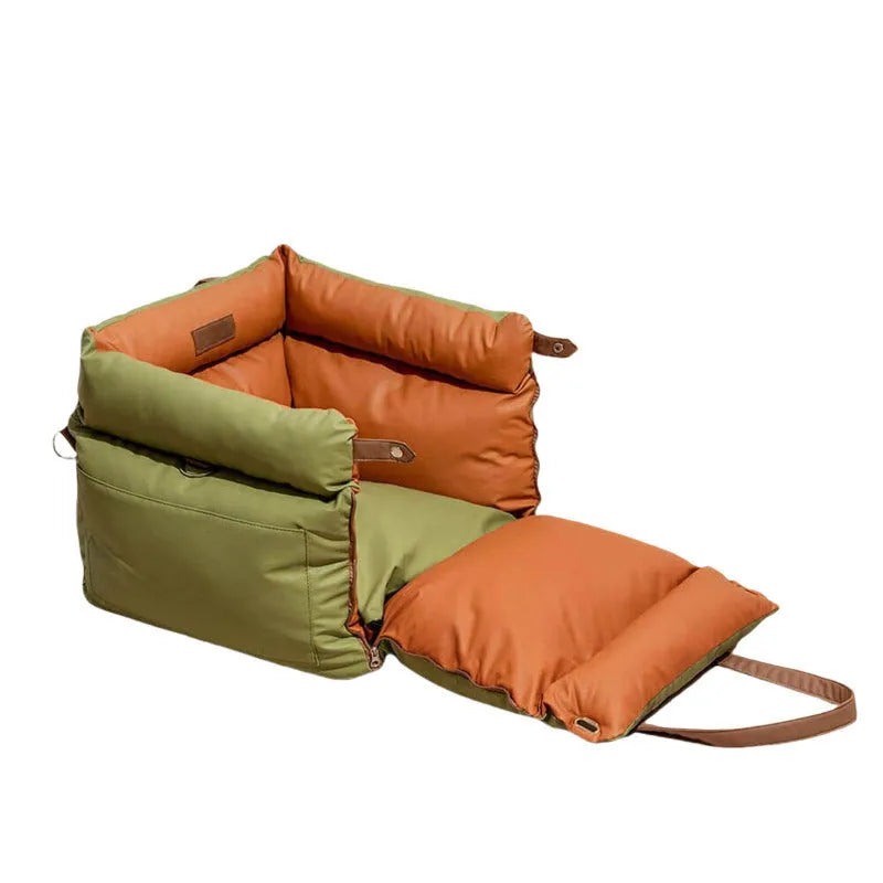 Green waterproof PU pet car nest for dogs, shown on a car seat with dimensions 55x50x45cm.