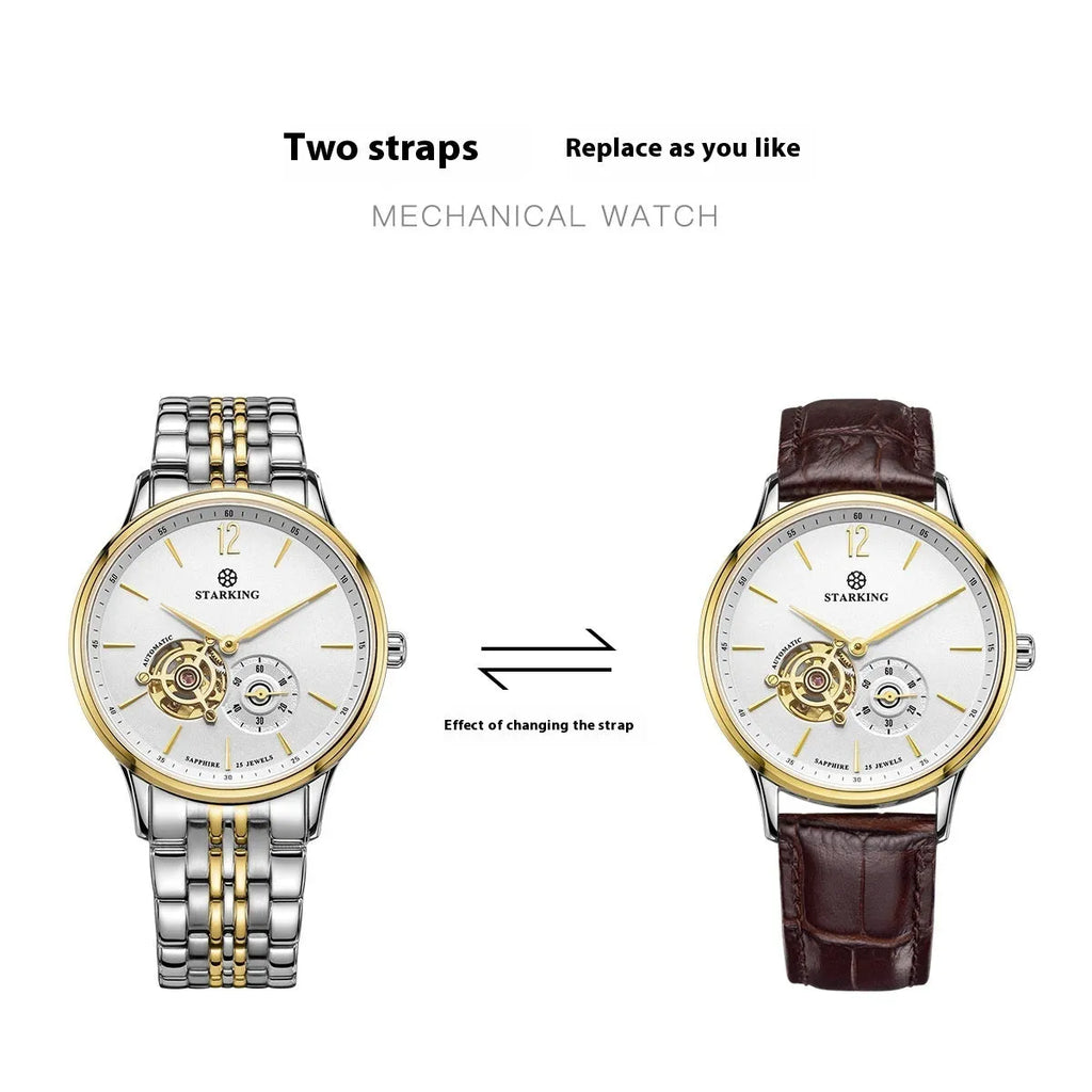 Automatic mechanical business watch with hollow three-needle dial on brown leather strap