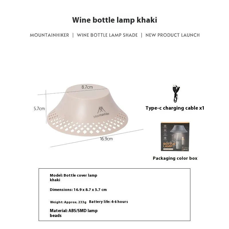 Beige and grey camping lantern with wine bottle-shaped shade showing USB-C port and light modes.