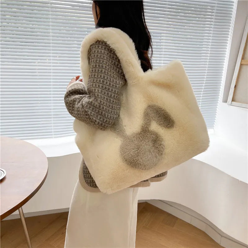 Plush tote bag with rabbit ears in solid colour with large capacity shoulder strap