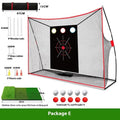 Golf swing wedge training net set with hitting mat and practice balls on grass.