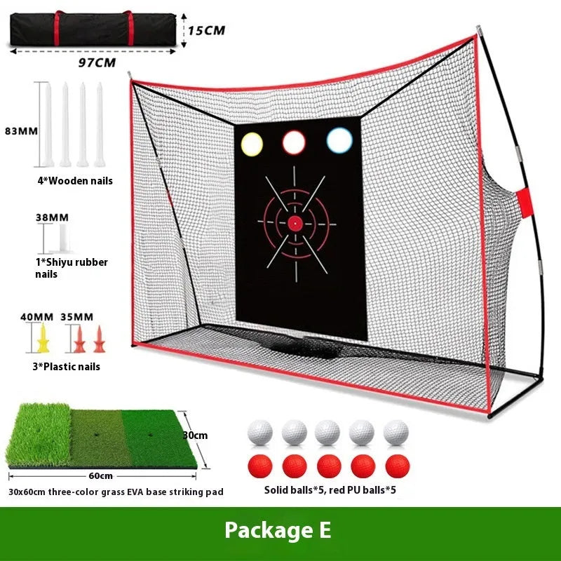 Golf swing wedge training net set with hitting mat and practice balls on grass.