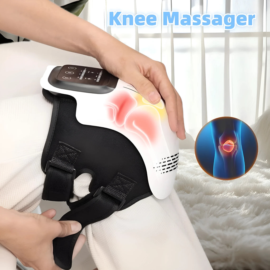 White rechargeable electric knee massager with kneading, heating and infrared laser functions