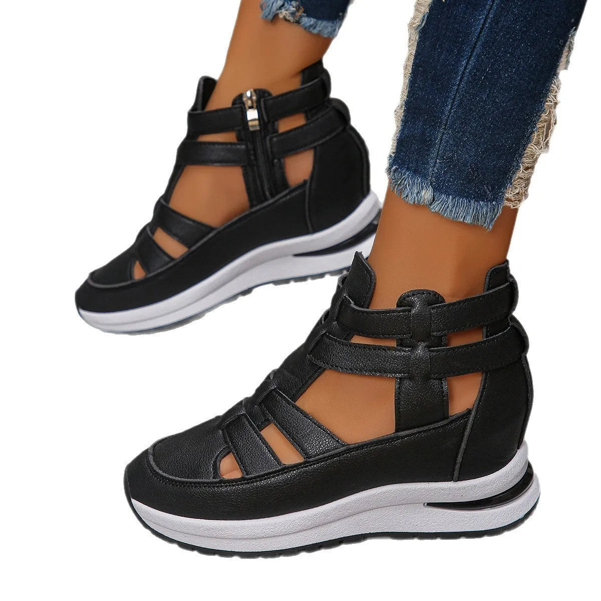 Women's black close-toed platform sandals with hollow-out design and Velcro fastening