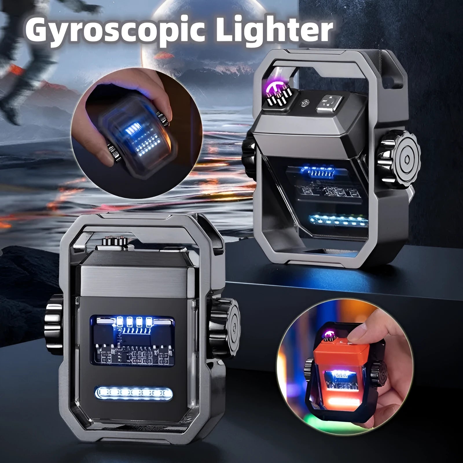 Blue zinc alloy windproof electric arc lighter unfolded, showing the double arc and mechanical gyroscope design.