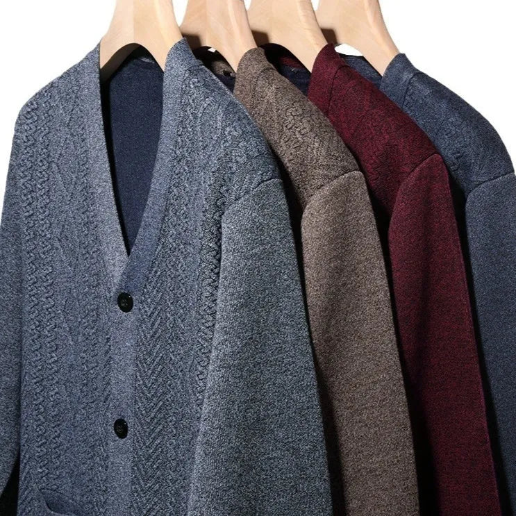 Men's striped cardigan sweater with wool lining in brown colour, front view