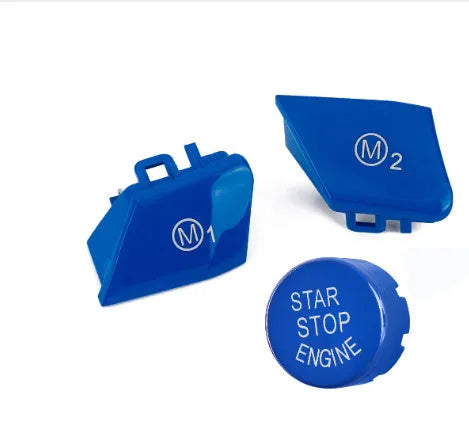 Red and blue M1 M2 steering wheel button replacements for BMW F30 and F34 models