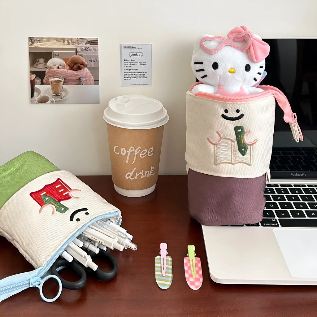 Korean style cartoon collapsible pencil case in Oxford fabric measuring 17cm by 14cm