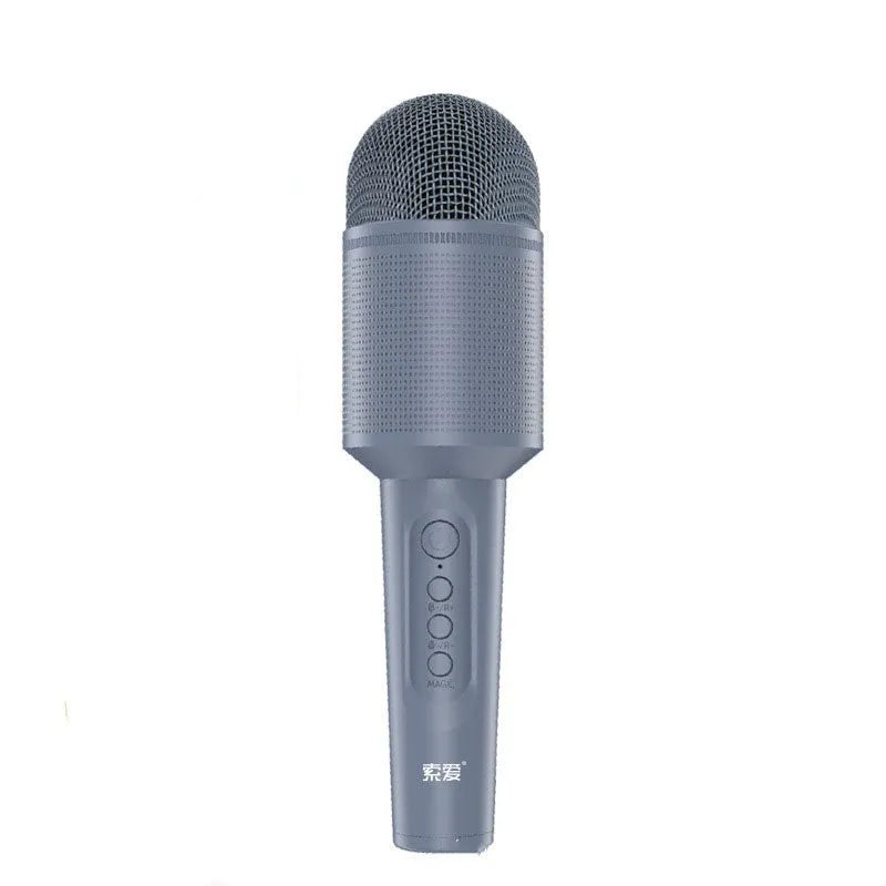 Wireless Bluetooth karaoke microphone in pink, blue, and green colour options showing integrated audio design.