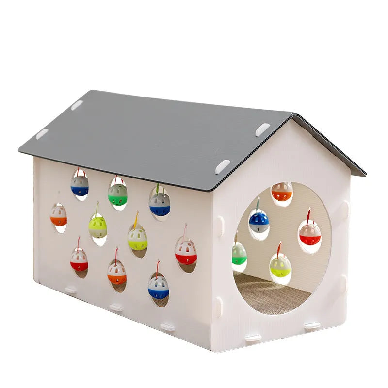 Integrated cat scratch board with nest featuring bell ball toy and plastic tunnel construction