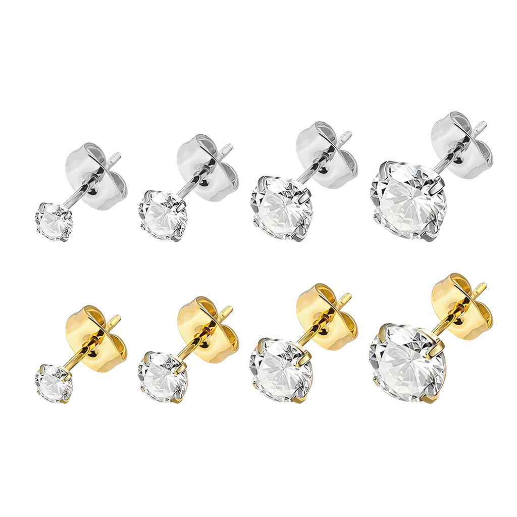 Titanium steel geometric square stud earrings with zircon detail in gold and steel colour options